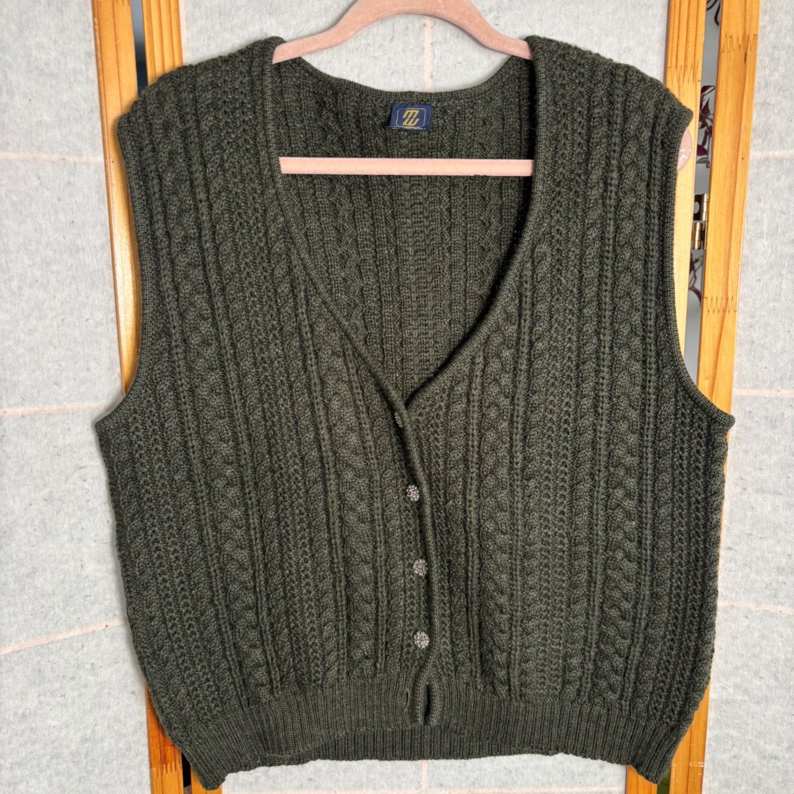 Manfred Wesenjak Pure New Wool Cable Knit Vest Dark Green Womens Med/Lrg VTG