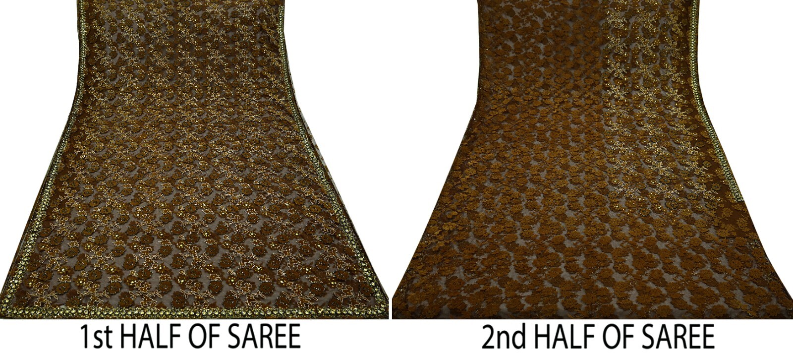 Vintage Heavy Coffee Brown Saree Net/Mesh Hand Beaded Sari Fabric 5Yd Sewing