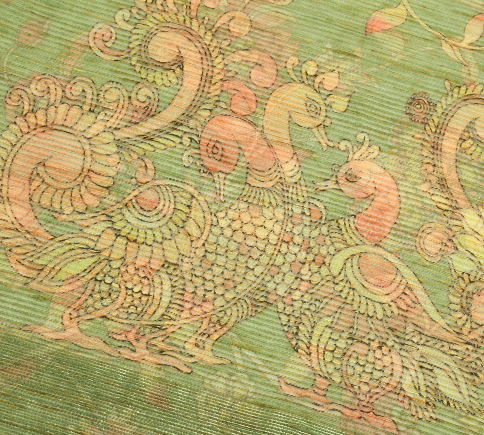 Sushila Vintage Green Silk Saree Kalamkari Printed & Woven Peacock Sari Fabric