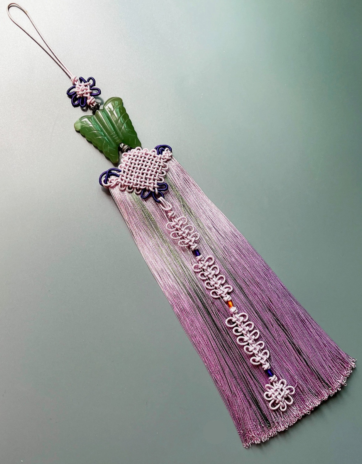 Korean Hanbok Accessory Natural Jade Butterfly Norigae with Lavender Tassel