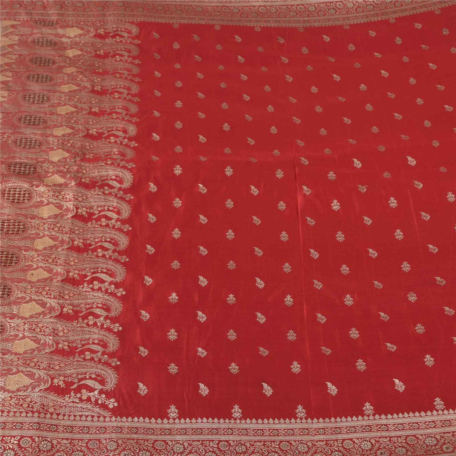 Sanskriti Vintage Red Sarees Pure Satin Silk Brocade/Banarasi Woven Sari Fabric