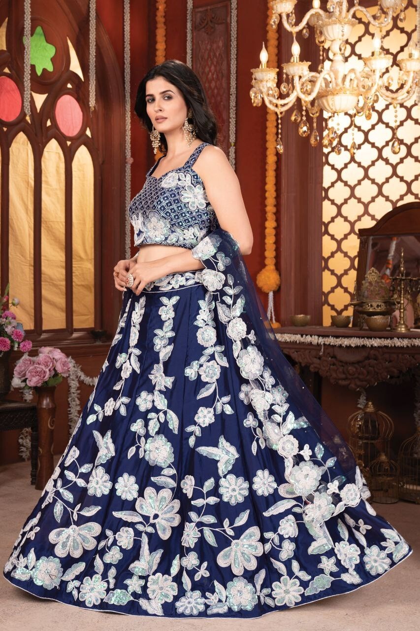Latest New Blue Kasturi Silk Lehenga Choli Net Dupatta For Traditional Wear