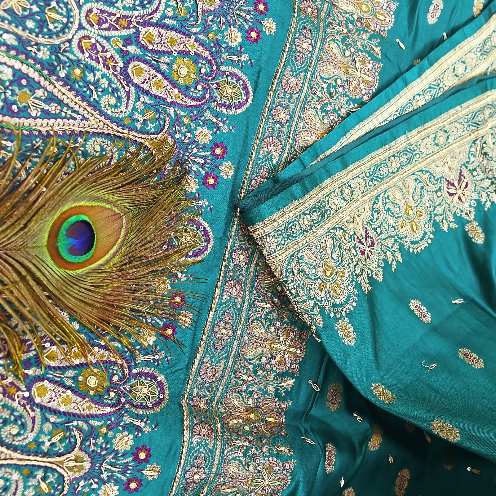 Indian Vintage Green Heavy Saree Pure Satin Silk Hand Embroidered Banarasi sari