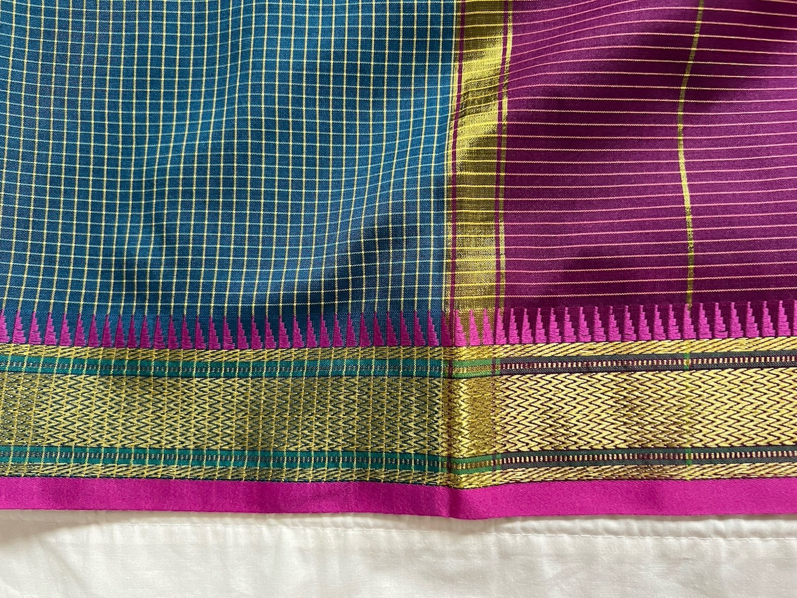 Beautiful checkered silk saree kajnivaram Teal Mauve Sari Fabric 6 yards