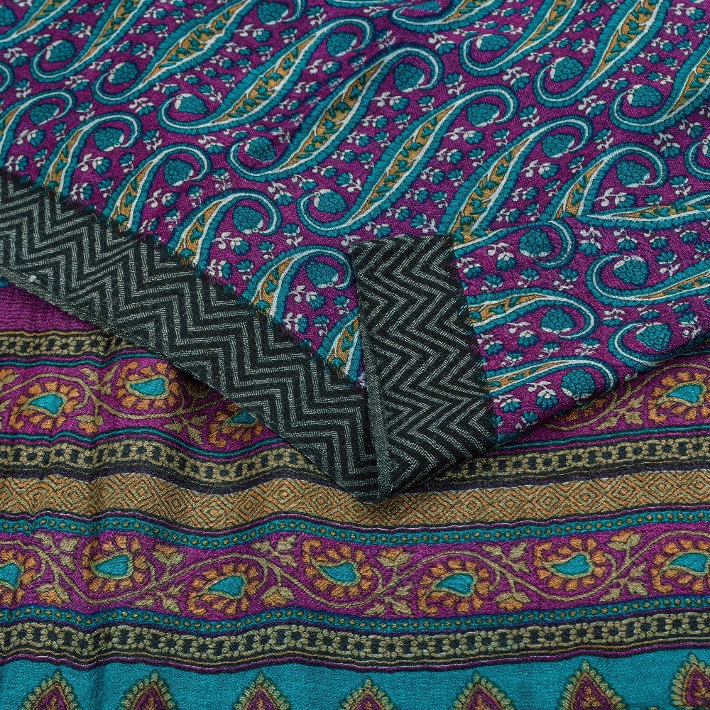 Sanskriti Vintage Sarees Fabric Blue/Purple Pure Woolen Paisley Print 5+YD Sari