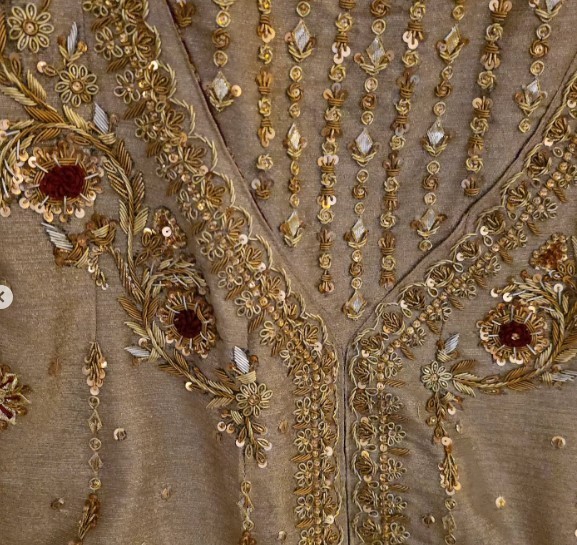 Elegant Handworked Kameez Set with Lace Border Dupatta in Deep Maroon & Beige