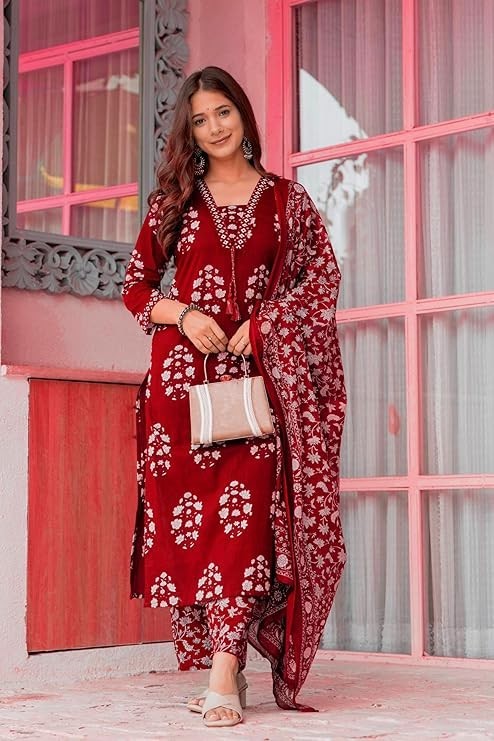 Women’s Pure Cotton Printed Straight Kurta Set with Palazzo Pants & Dupatta
