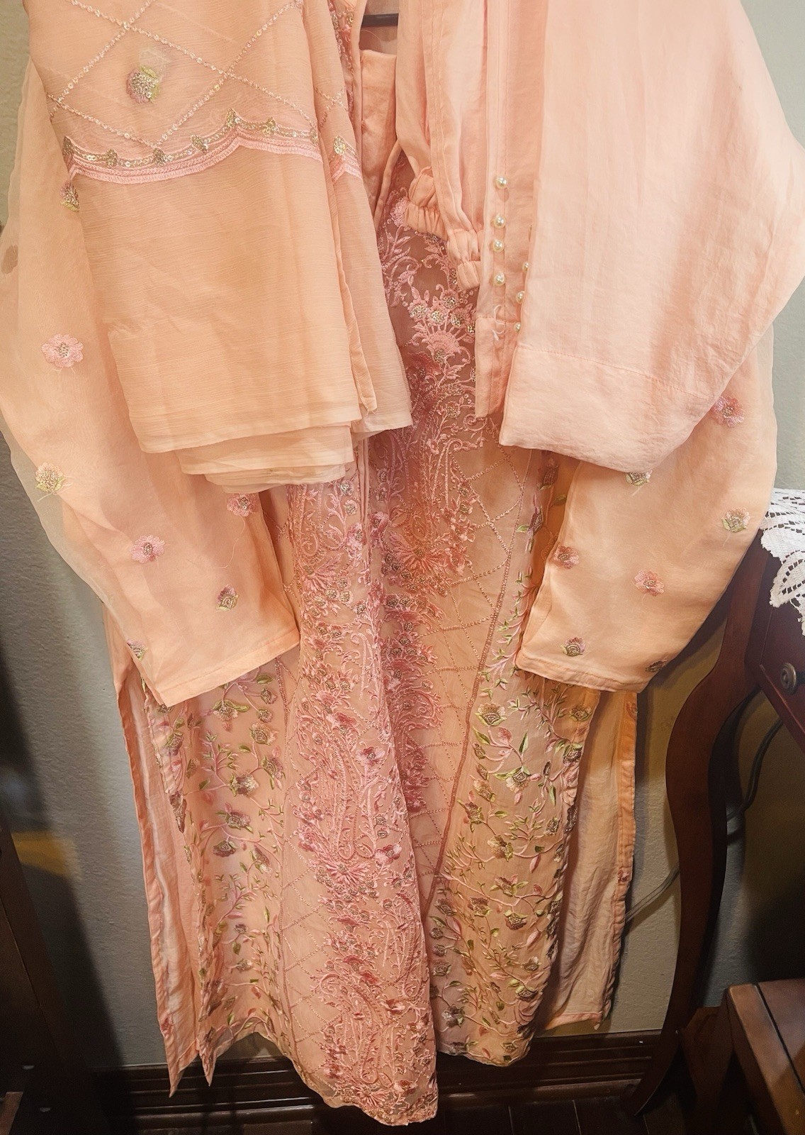 Embroidered Cotton Net Salwar Kameez Peach for Women Medium Size with Scarf