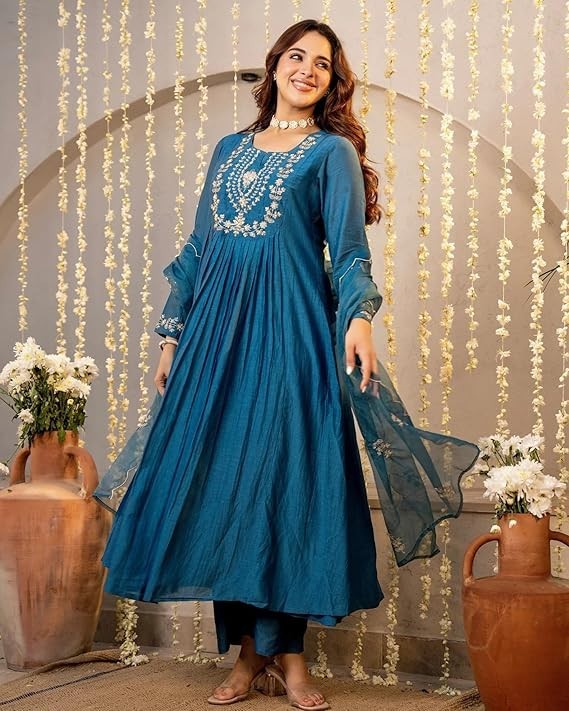 Nermosa Women Embroidery Solid A-Line Kurta and Pant Set with Dupatta