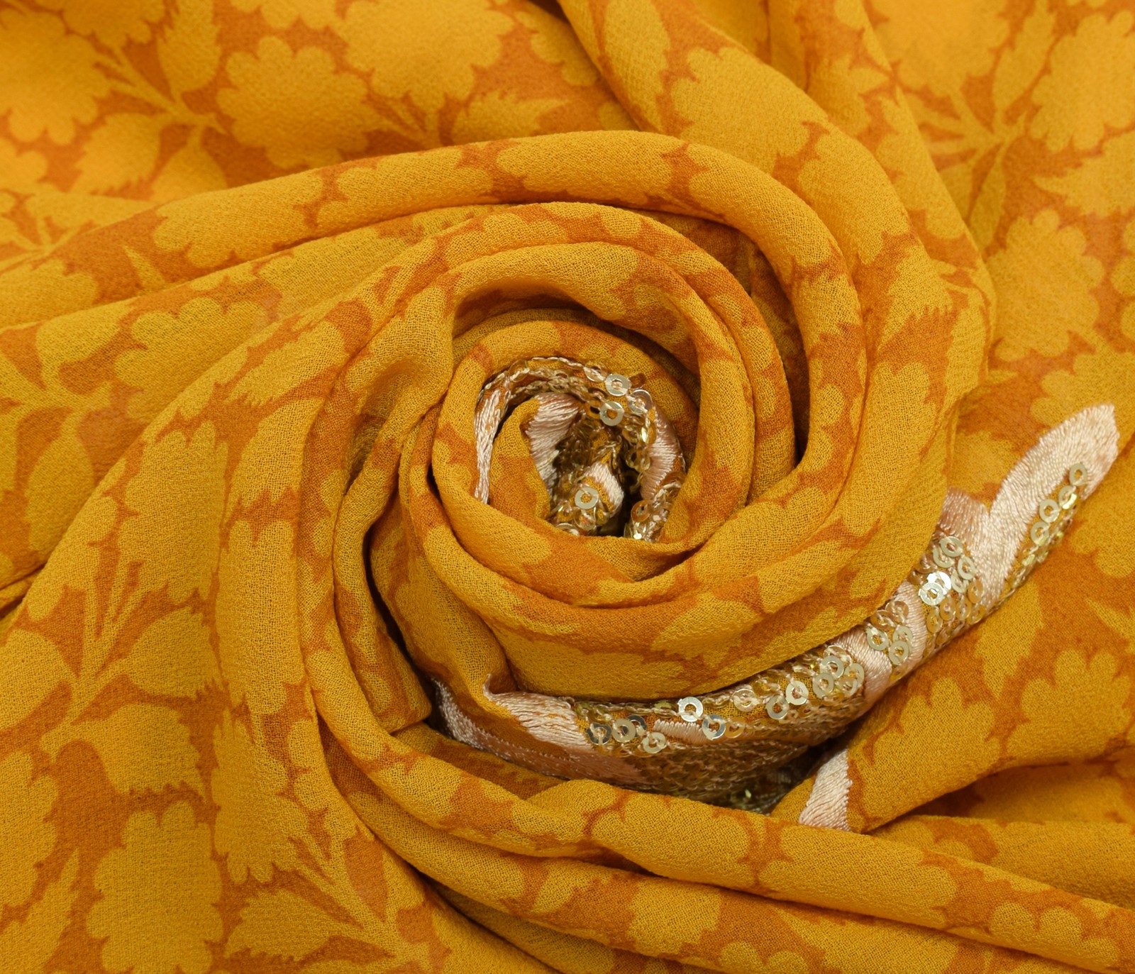 Sushila Vintage Mustard Saree Pure Georgette Printed & Embroidered Sari Fabric