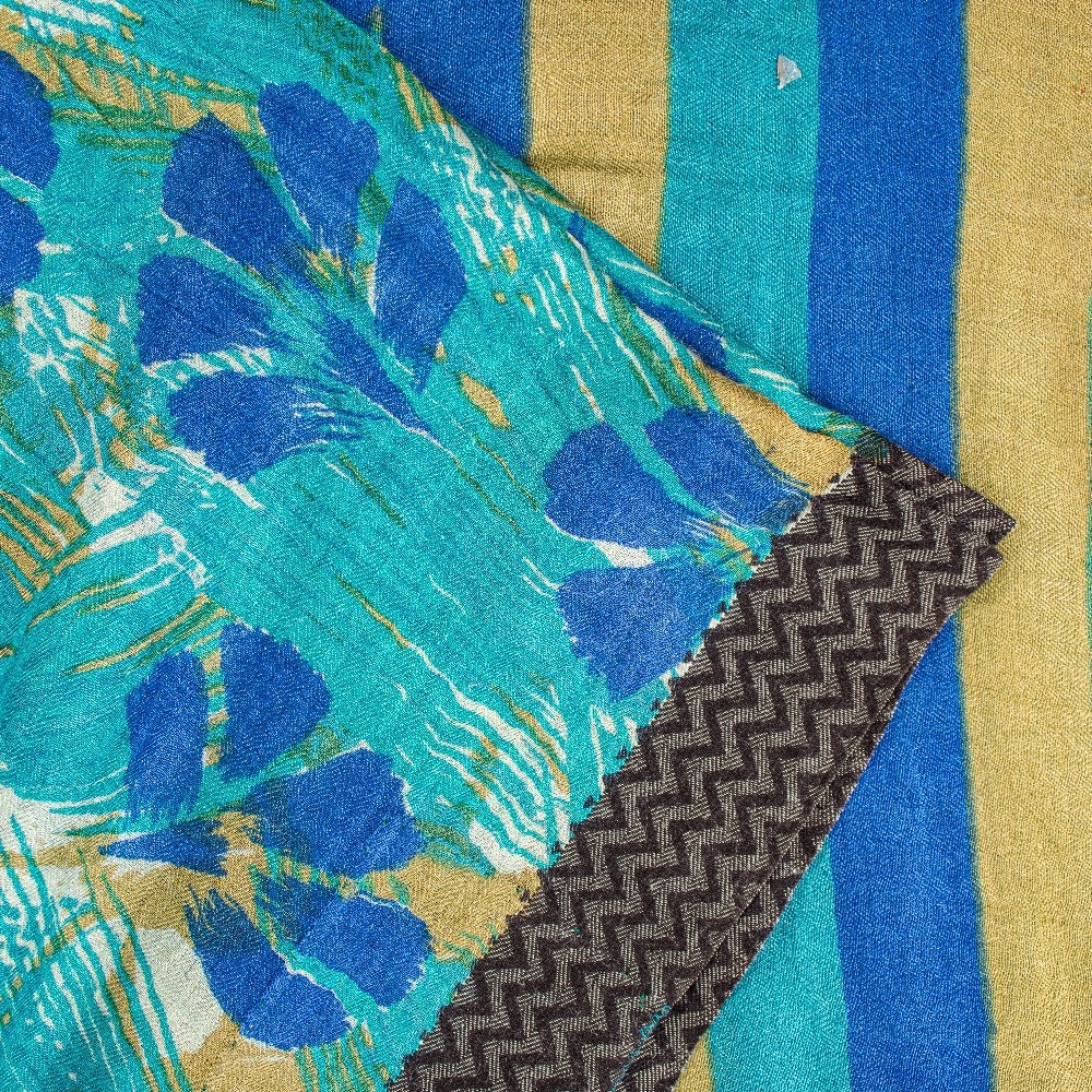 Sanskriti Vintage Blue Saree Pure Woolen Floral Printed Sari 5.5+Yd Craft Fabric