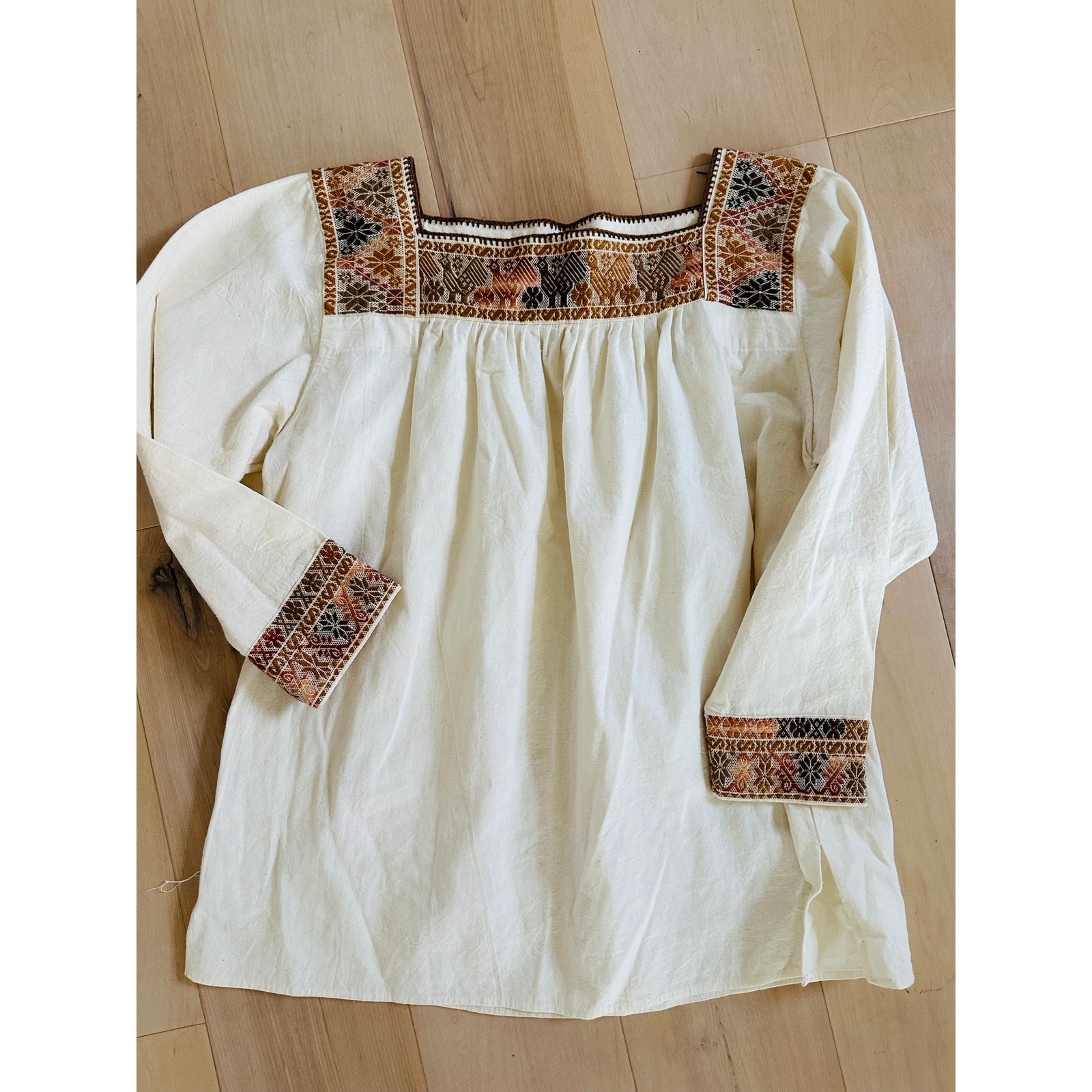 Vintage 70s Peasant Blouse Boho Hand Embroidered Cotton Folk Festival Shirt SZ M