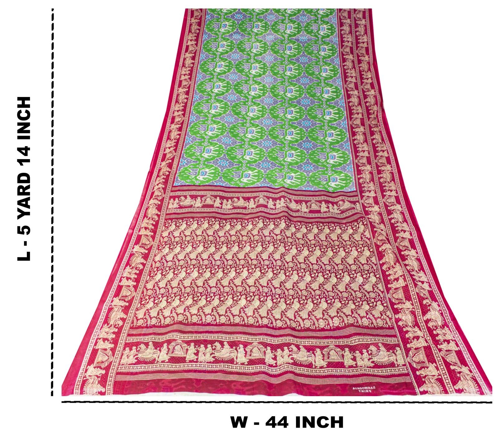 Sanskriti Vintage Saree Green Pure Cotton Kat Printed Peacock Sari 5+Yd Fabric