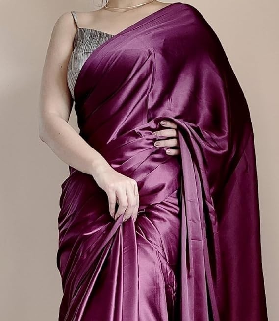Women’s Ready to Wear Satin Silk 1 Minute Pre Pleated Heavy Saree Wine Color AN4