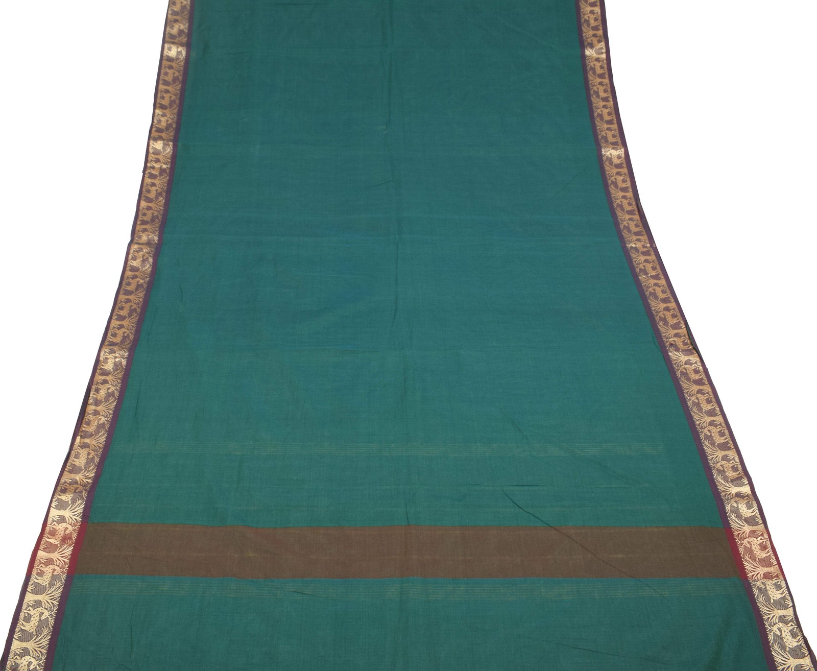 Sushila Vintage Pure Cotton Handloom Saree Dark Green Stripes Deer Woven Sari Fa