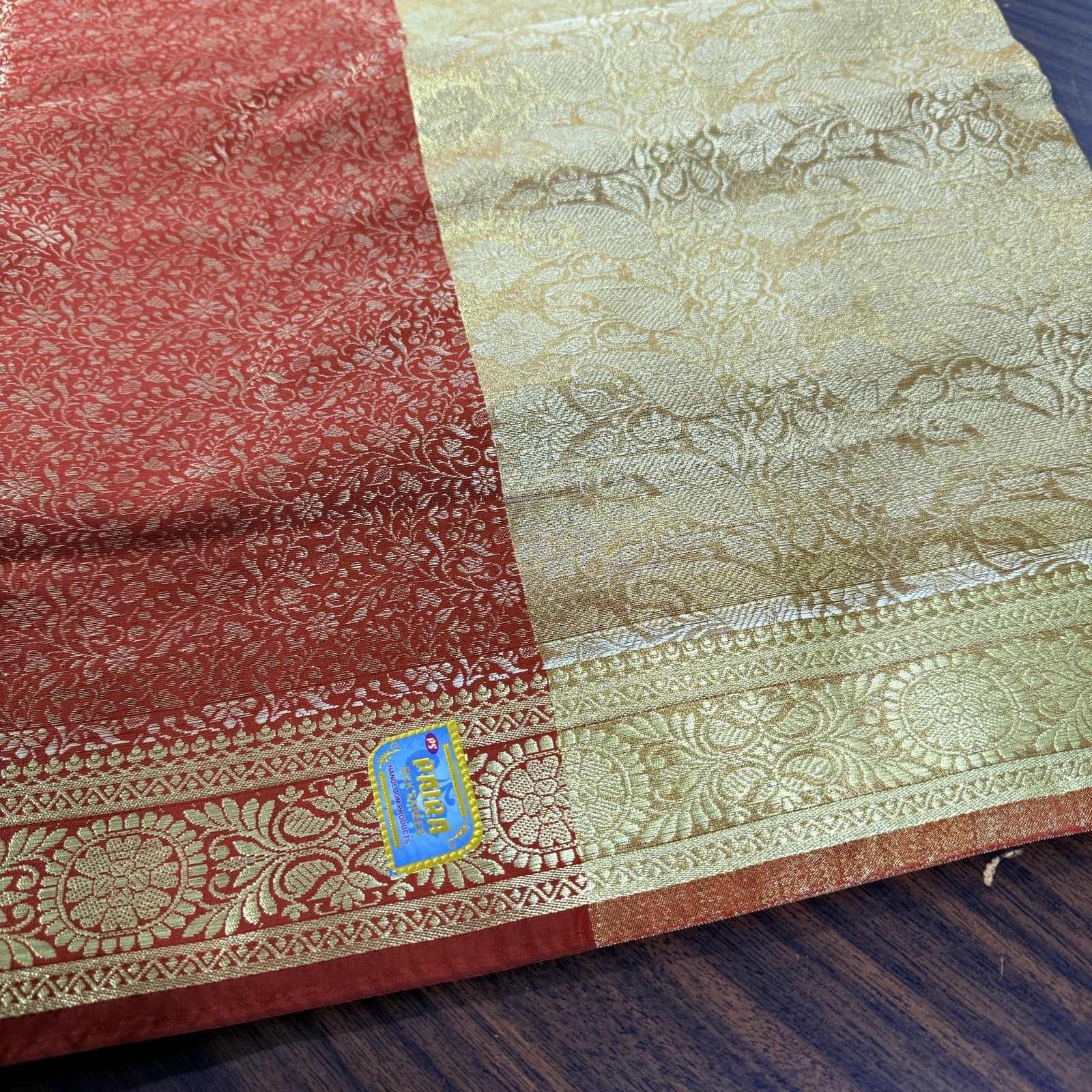 Indian Women’s NEW Brocade Artificial Silk Sari SAREE RUST w/Golden Border