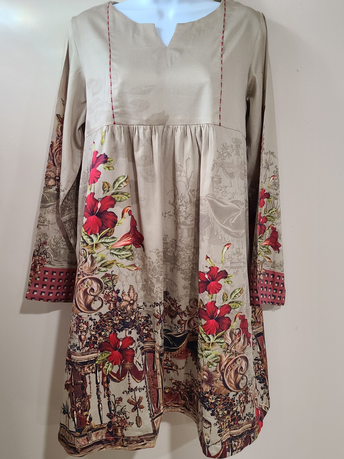 Pakistani / Indian 1PC Kameez Shirt Kurti Cotton Printed Red Women Size L