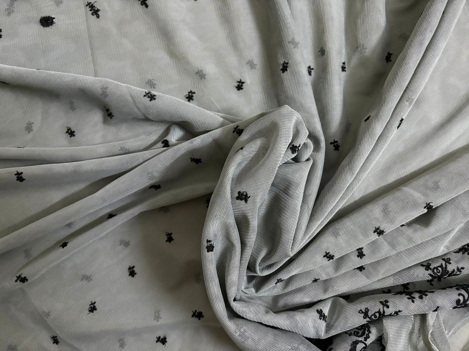 Net Gray Saree Indian Women Wrap Dress Used Recycled Fabric Embroidered Vintage
