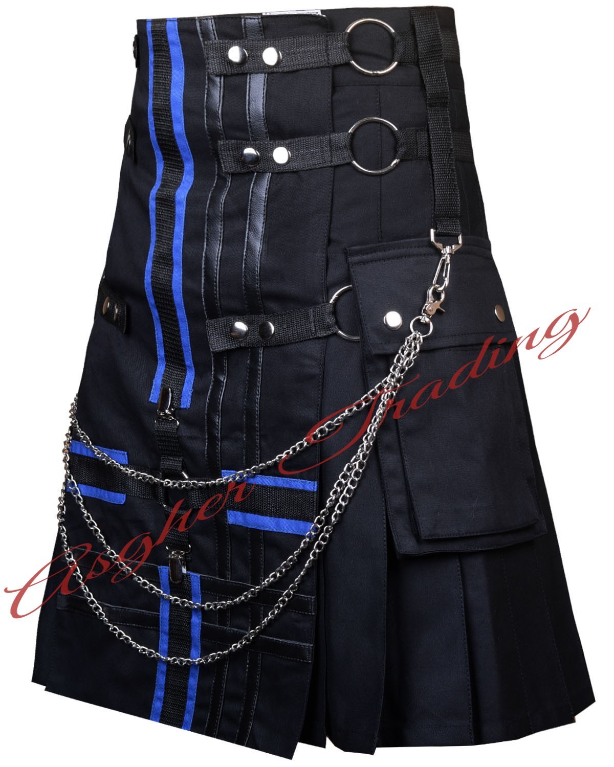 Men Blue Black Cotton Hybrid Utility Kilt Punk Goth Fashion kilts & Custom Size