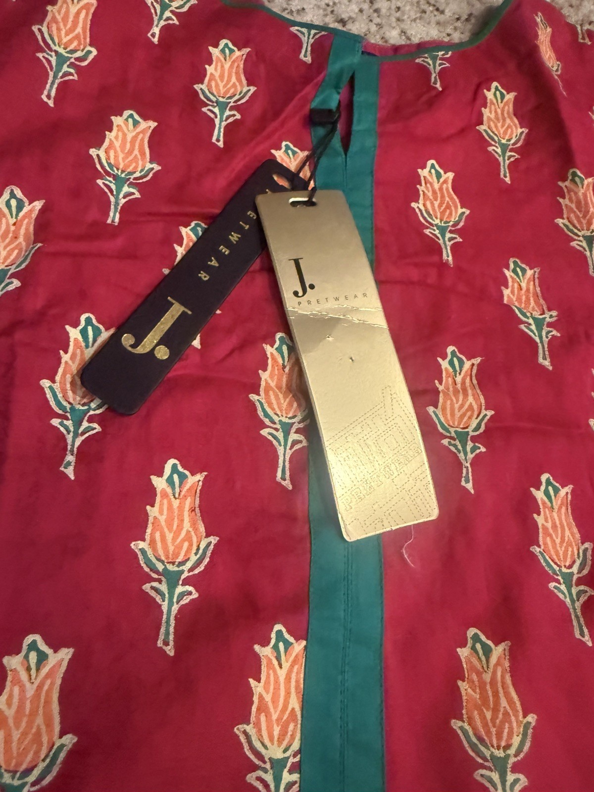 J. Pret Women’s Size Kurta Printed Teal Pink Floral New Junaid Jamshed