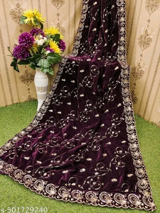 Purple / Wine Heavy Embroidery Velvet Dupatta For Bride And Women 2. Mtr