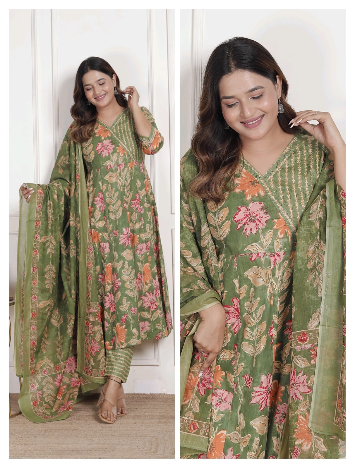 Green Floral Printed Cotton Kurti & Pant Set | Elegant Ethnic Wear | Comfortable