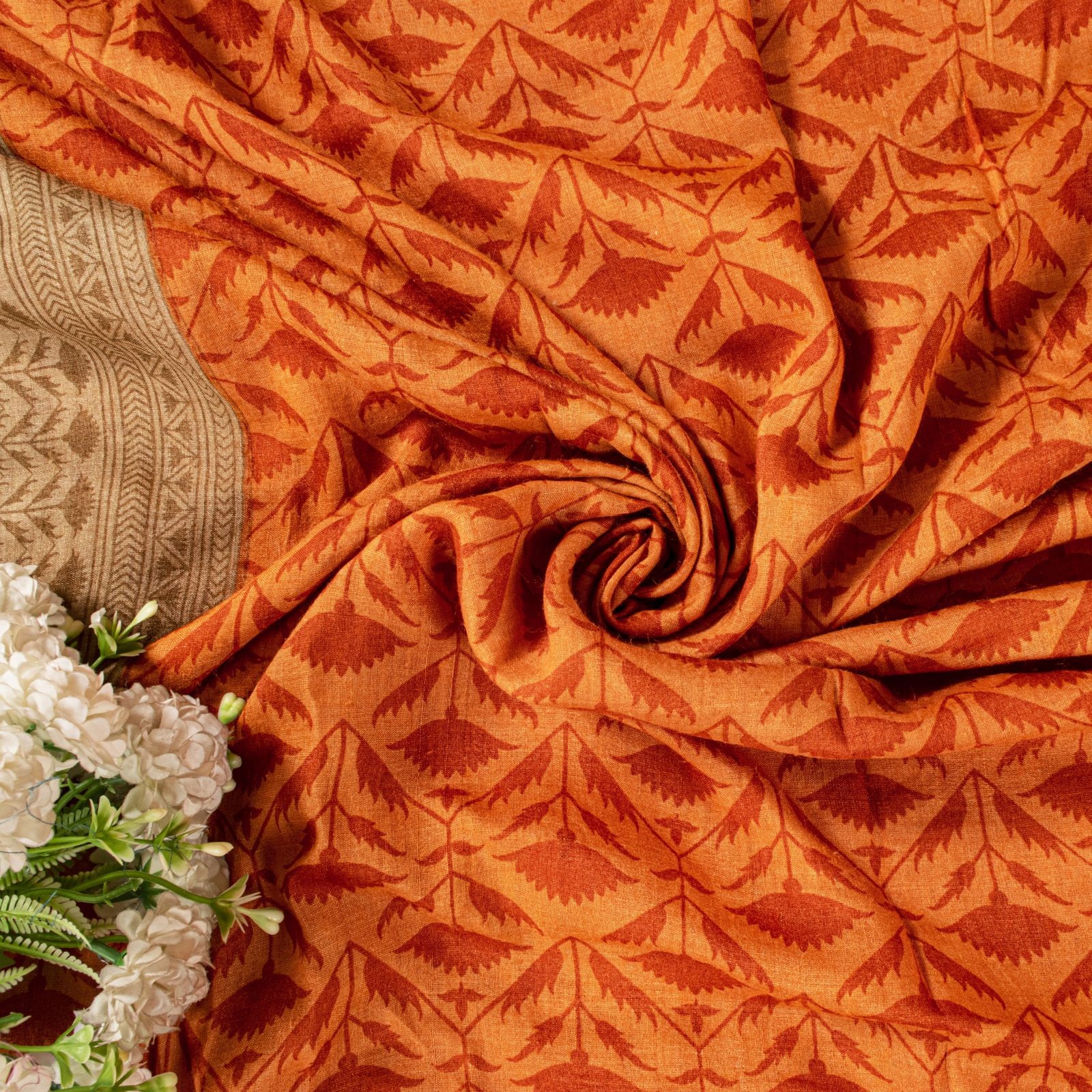 Sanskriti Vintage Soft Orange Pure Woolen Saree Floral Print Sari 5.5+Yd Fabric