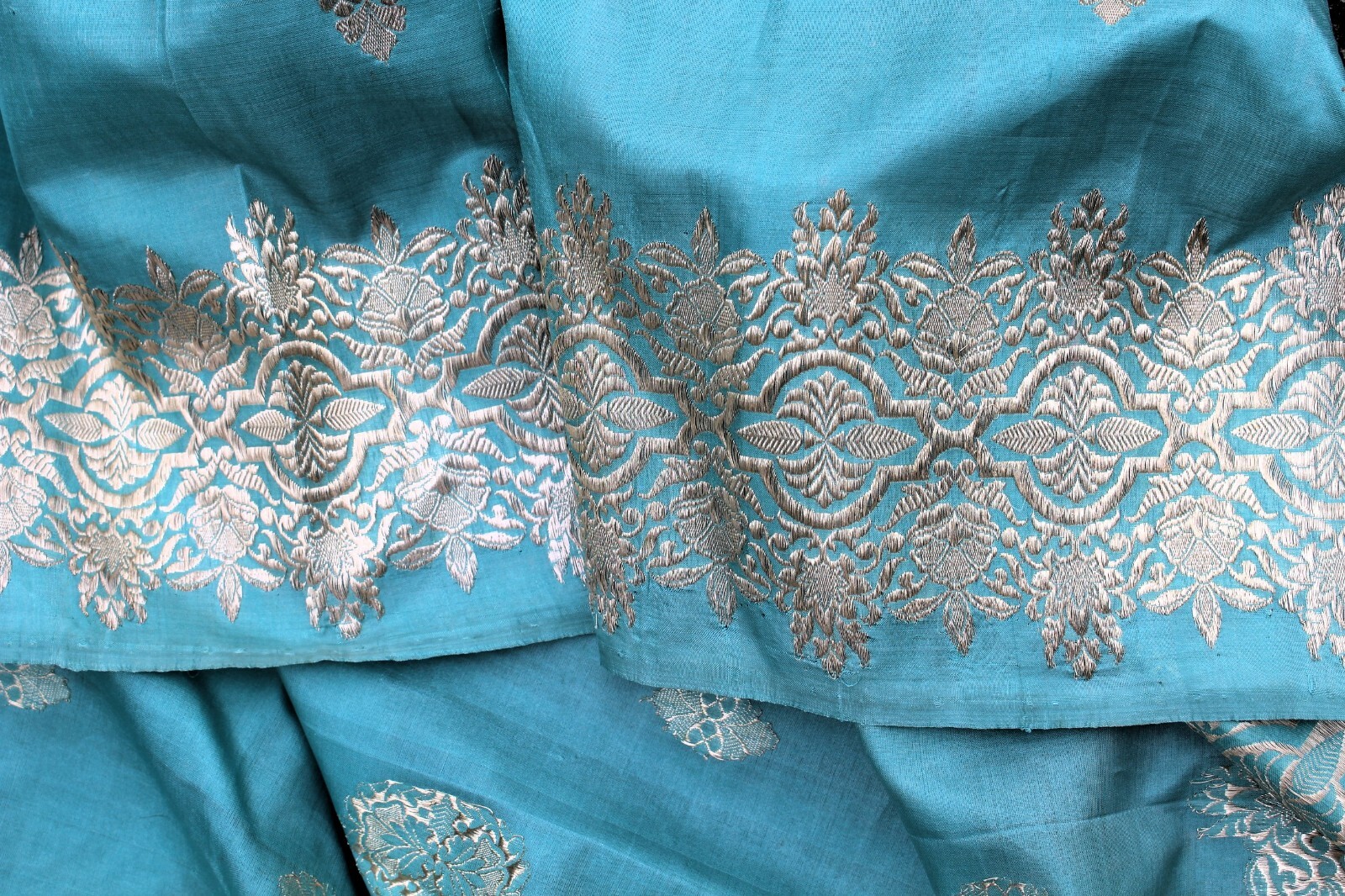 Unused Hand Woven South Asian Sky Blue Silk Sari with Silver Weft Brocade