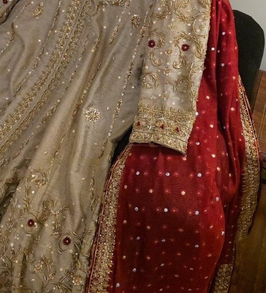 Elegant Handworked Kameez Set with Lace Border Dupatta in Deep Maroon & Beige