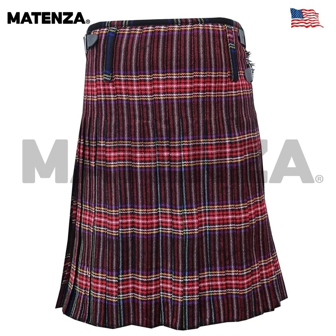 Black Stewart Tartan Kilt 8 Yard 16oz Handmade Scottish Highland Wear for Men