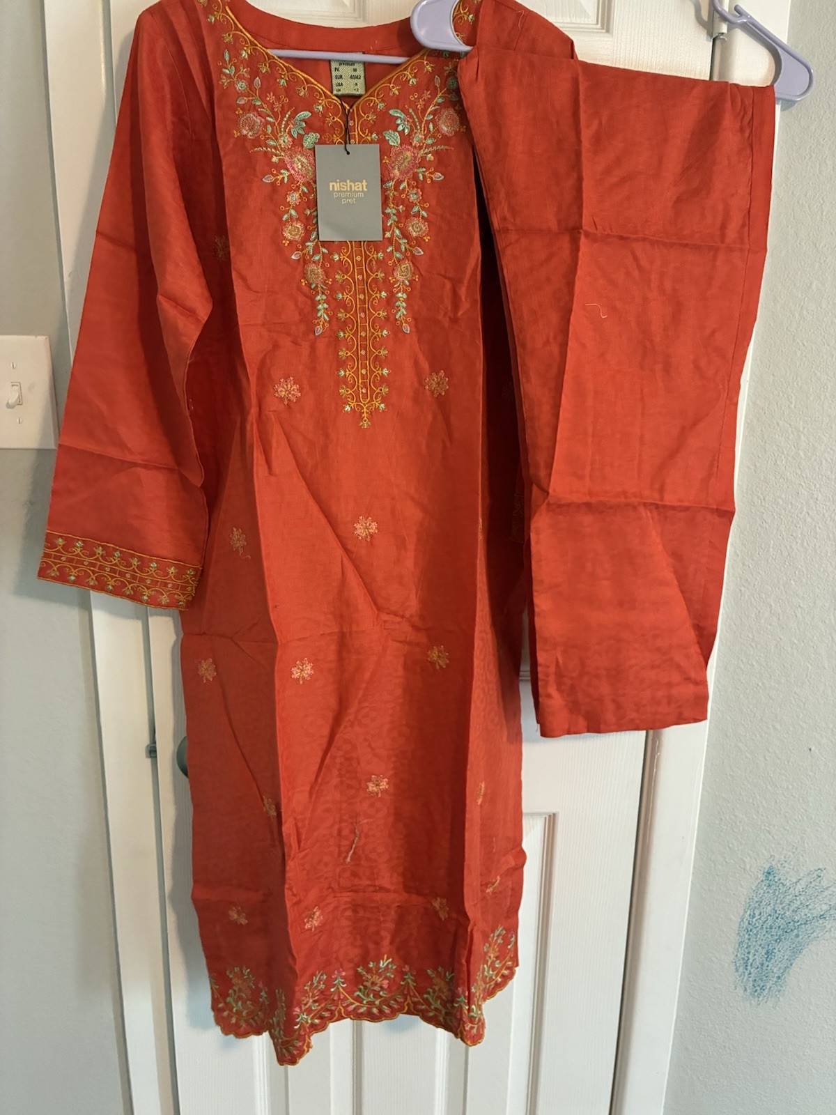 Nishat Women’s Embroidered Cotton Kurta Pants Set Orange Size M