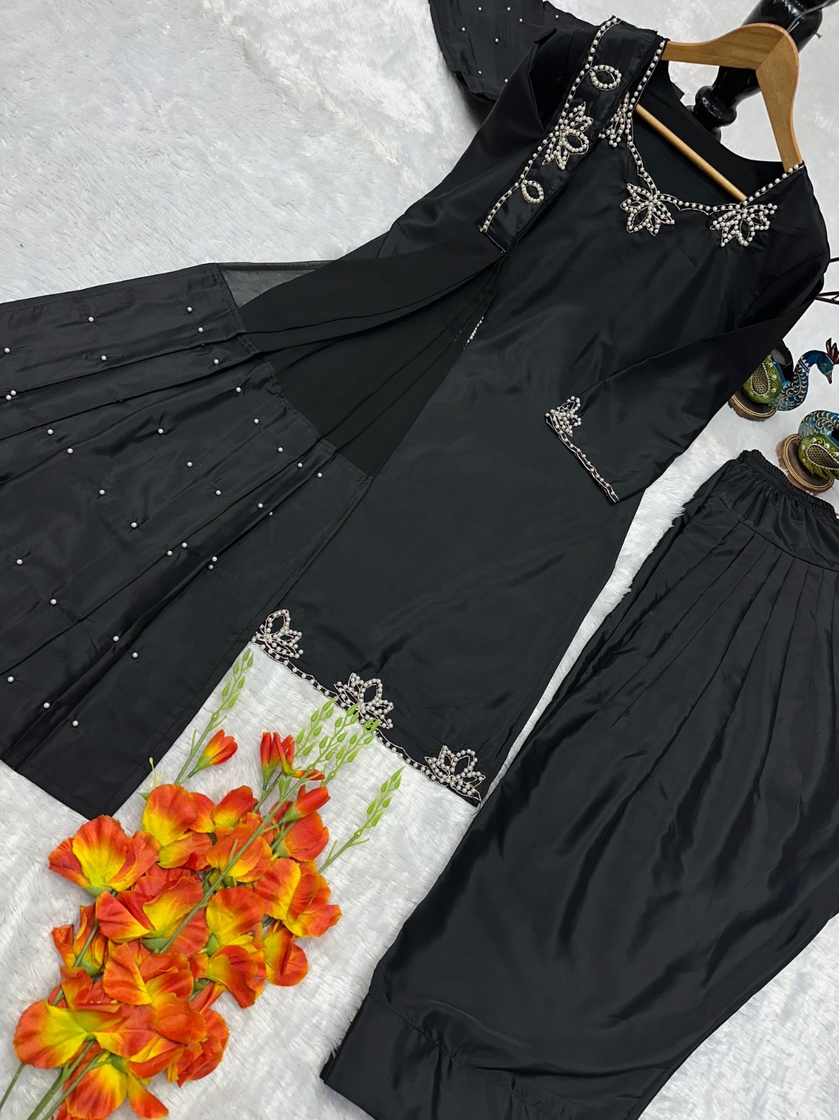 Embellished farshi shalwar suit dupatta set in 5 colours for festive wear