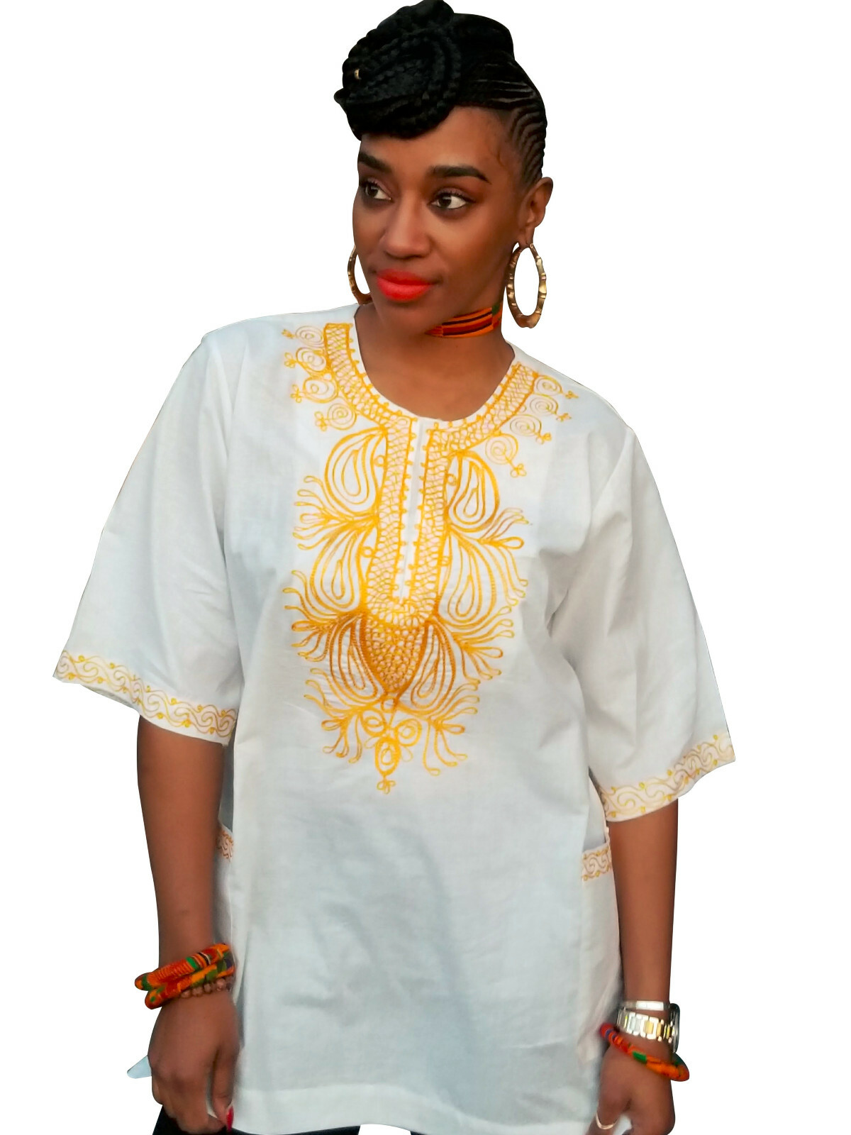 Off-White African Dashiki Top with Golden Orange Embroidery