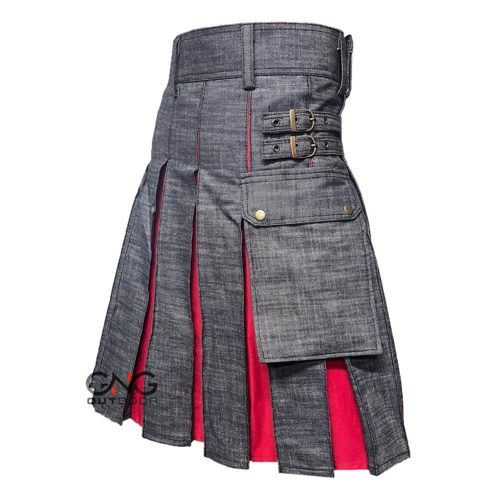 Men’s Black Denim Red Pleat Scottish Fashion Utility kilt Sports kilt Size 28-62