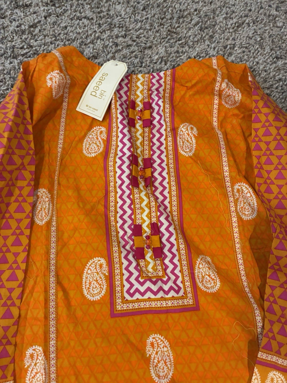 Bin Saeed Women Orange Printed Salwar Kameez Suit Set Size Xl