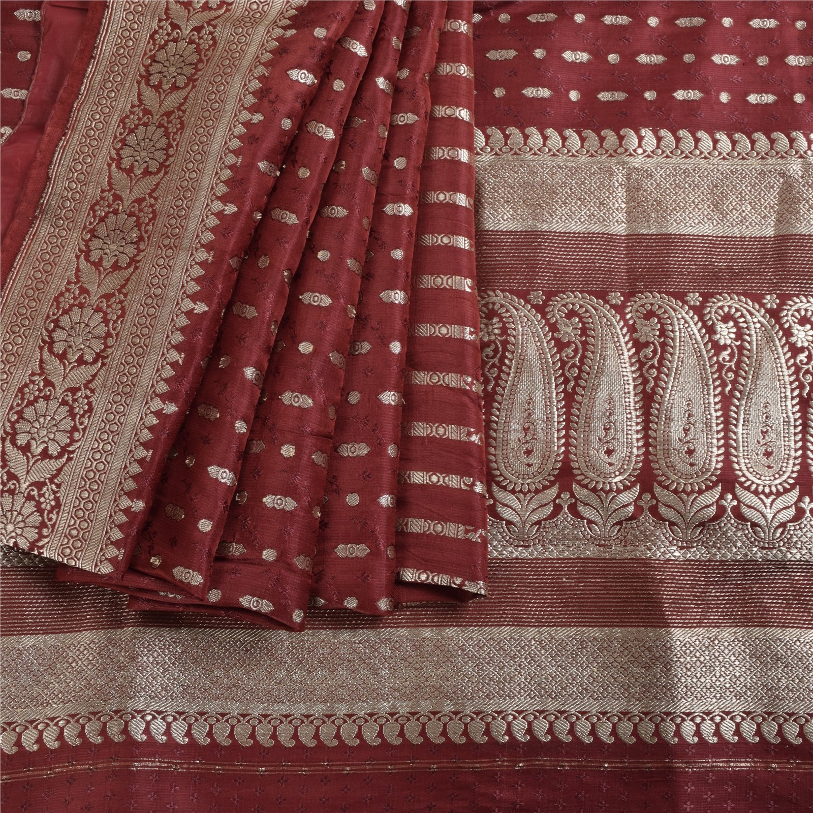 Sanskriti Vintage Red Sarees Pure Satin Zari Hand Woven Banarasi Brocade 4+YD