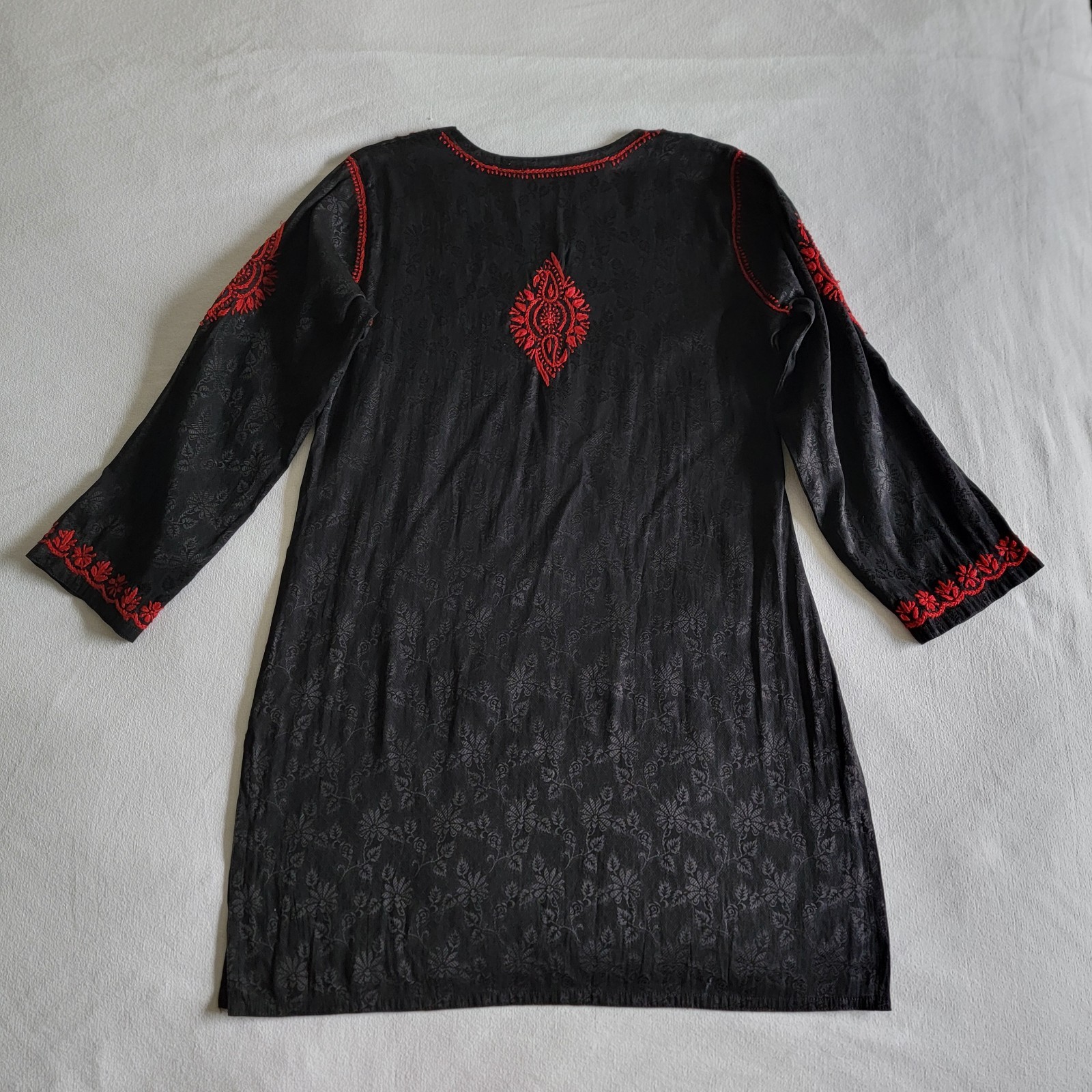 Lucknowi Chikankari Kurti Embroidered Black Red Georgette Indian Tunic Size M