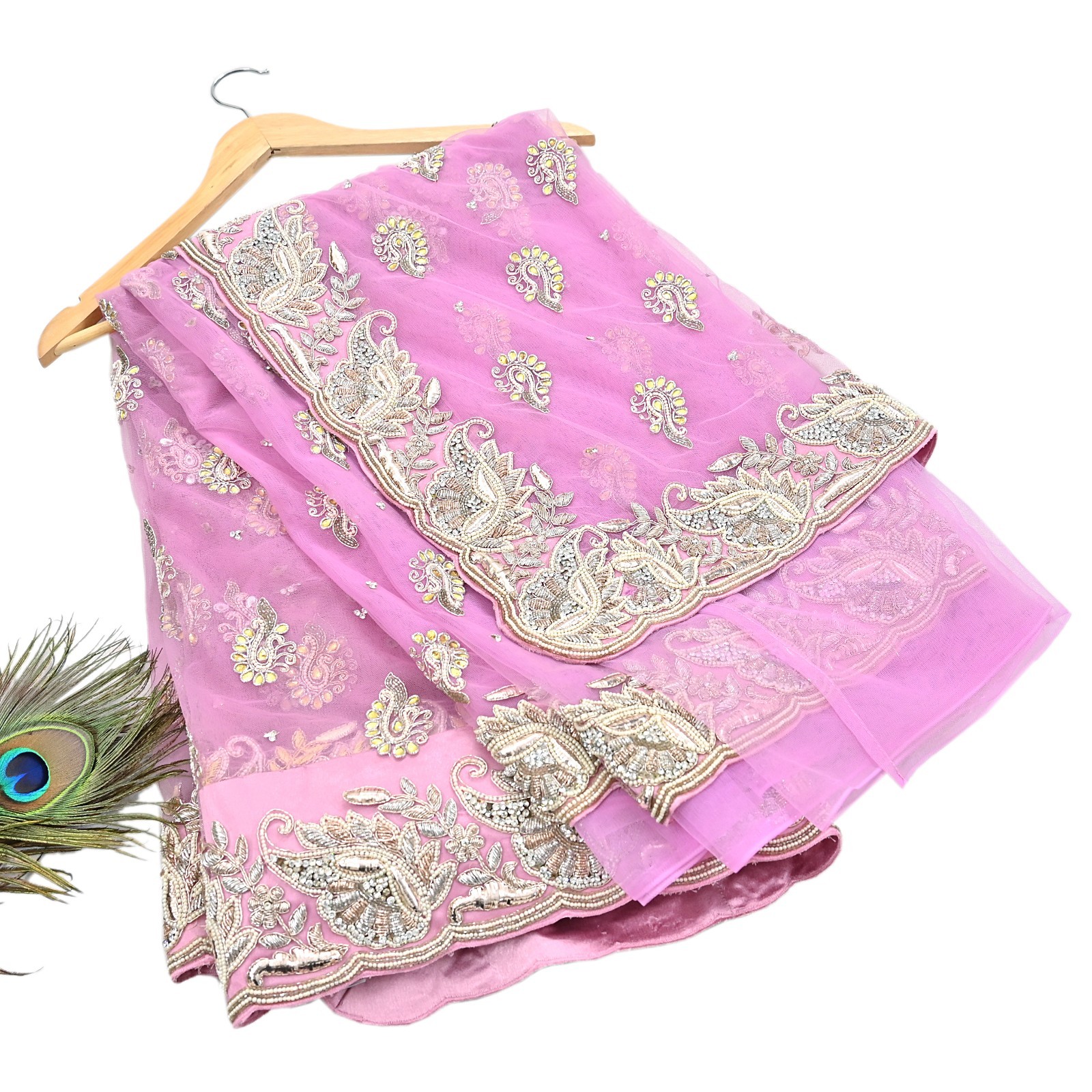 Indian Vintage Sari Pink Net/Mesh Hand Embroidered Anamika Khanna Designer Saree