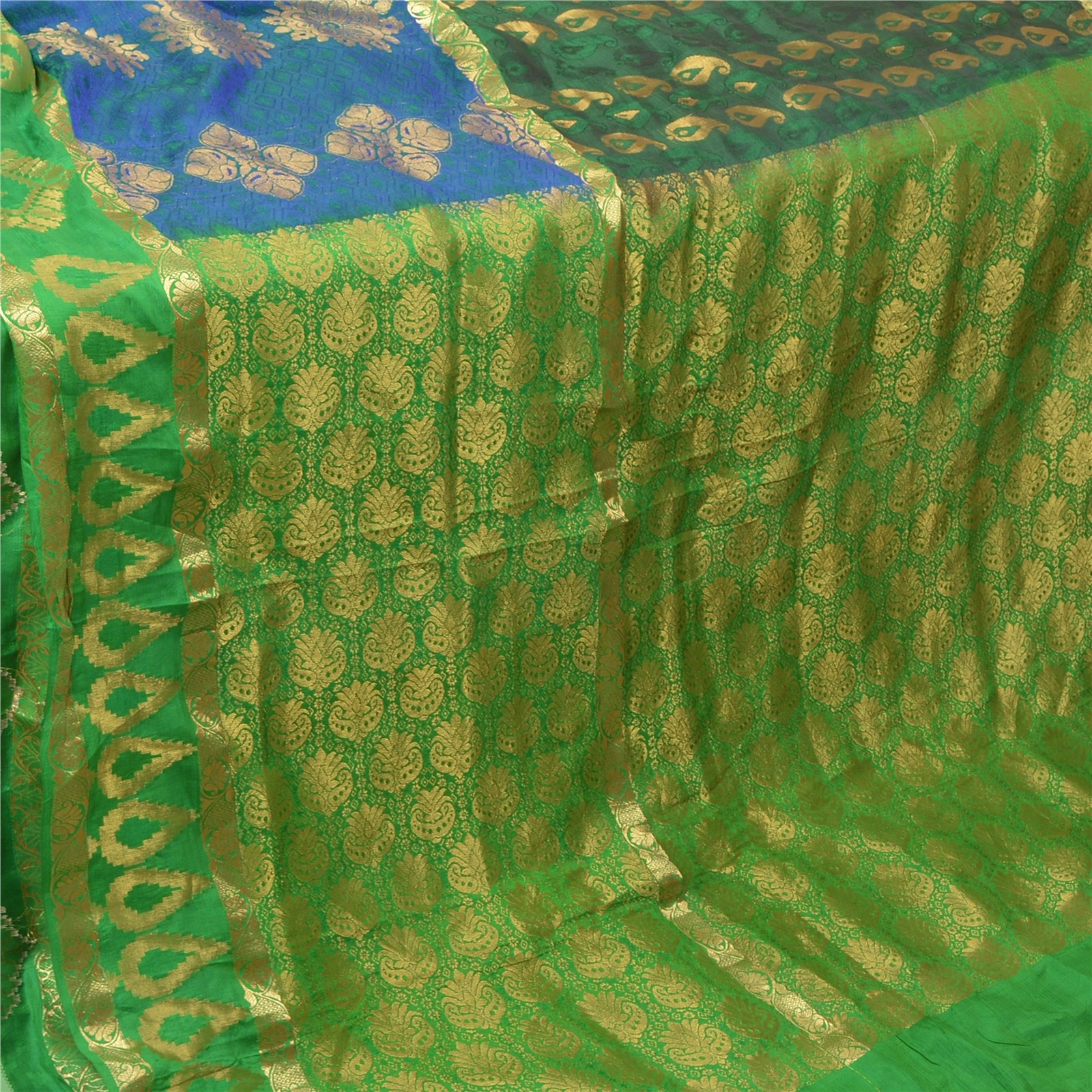 Sanskriti Vintage Green/Blue Woven Kanjivaram Heavy Sarees Pure Silk Fabric/Sari