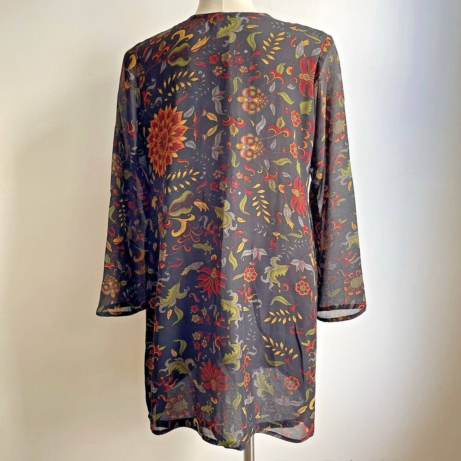 Biba Silk Chiffon Indian Kurta Sequin Floral Black Red Green Gold Size 38 Medium