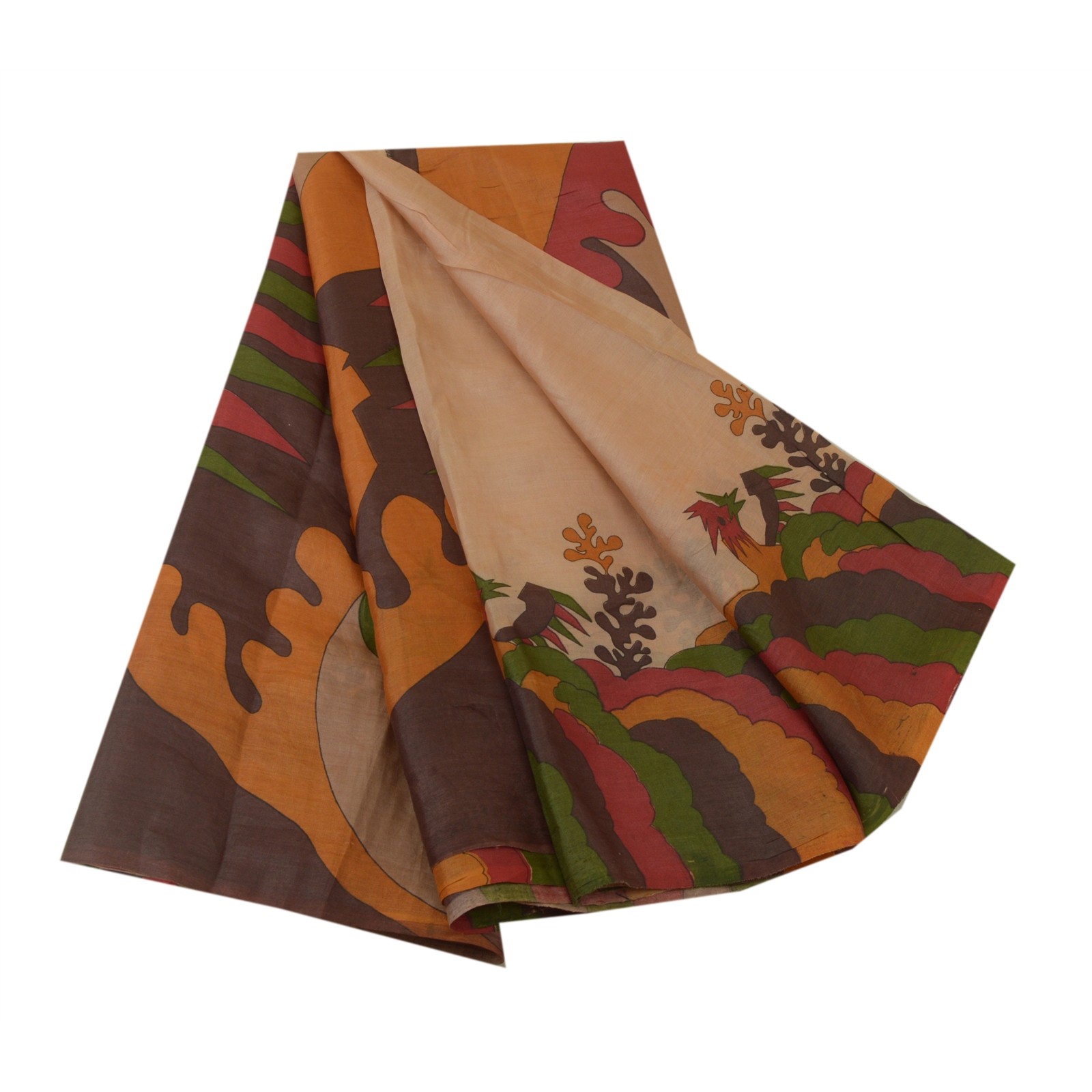 Sanskriti Vintage Sarees Light-Brown 100% Pure Silk Printed Sari Craft Fabric