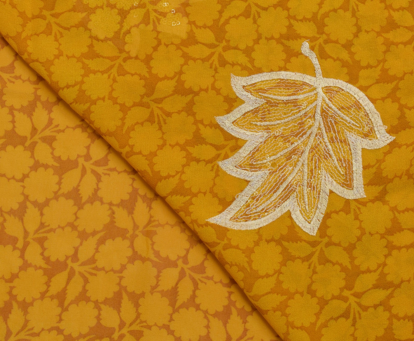 Sushila Vintage Mustard Saree Pure Georgette Printed & Embroidered Sari Fabric