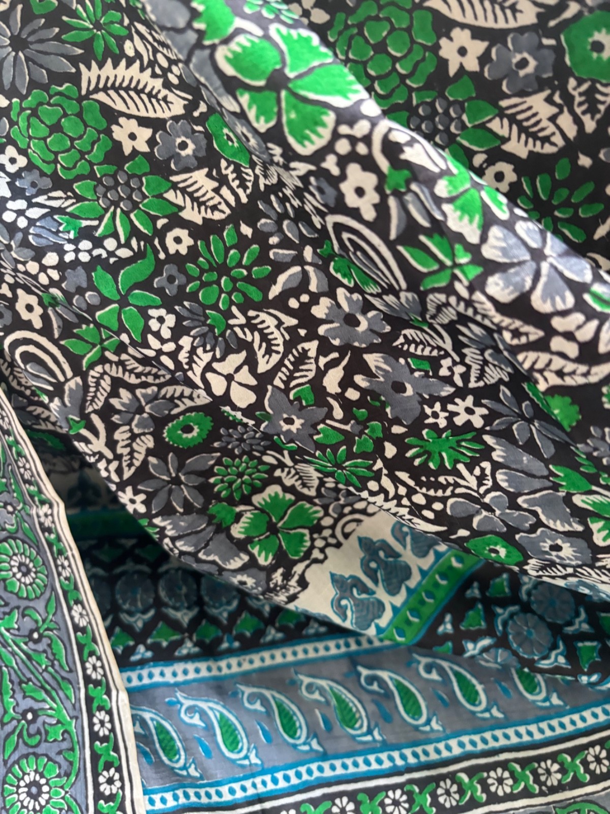 Beautiful printed soft silk saree without pico and fall, it has tiny spot pallu.