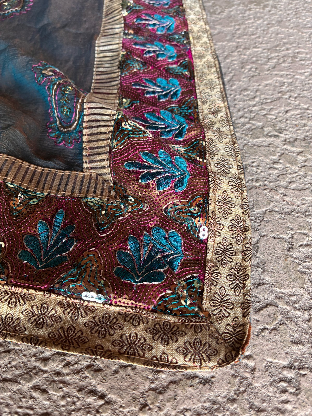 Two tone Iridescent Rust and Blue Sari with Blue Embroidered Flowers and Sequins