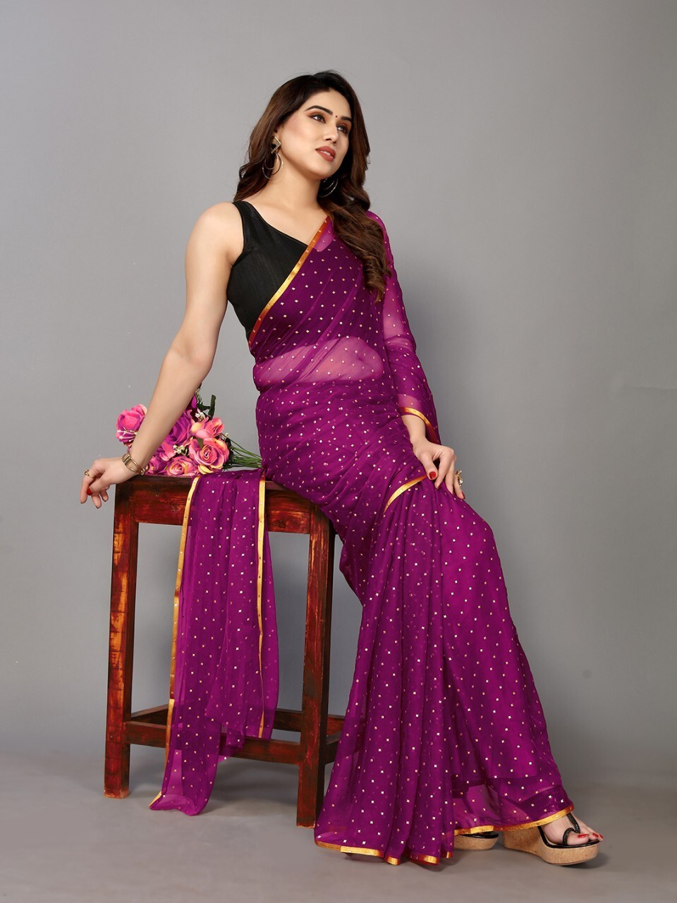 Woven, Embellished Daily Wear Chiffon Saree (Magenta)