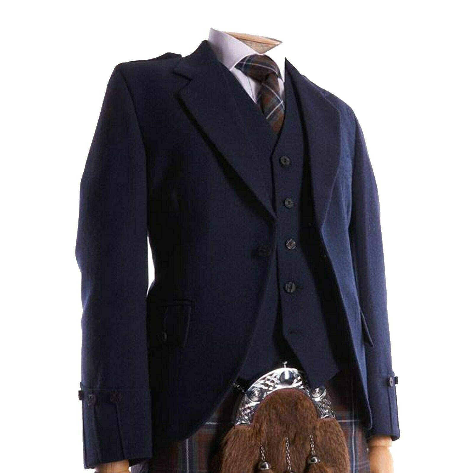 Men’s Navy Blue Argyle Jacket With Waistcoat Wool Highlander Kilt Jacket