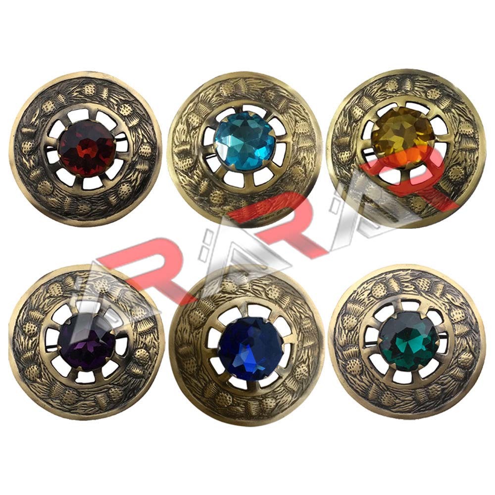 AAR Scottish Highland Kilt Fly Plaid Brooch Antique Finish 3″ Multi Color Stones