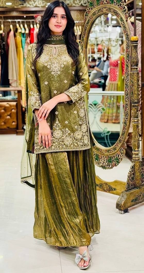 New Olive Green Silk Top Palazzo With Dupatta For Indian Functional Wear