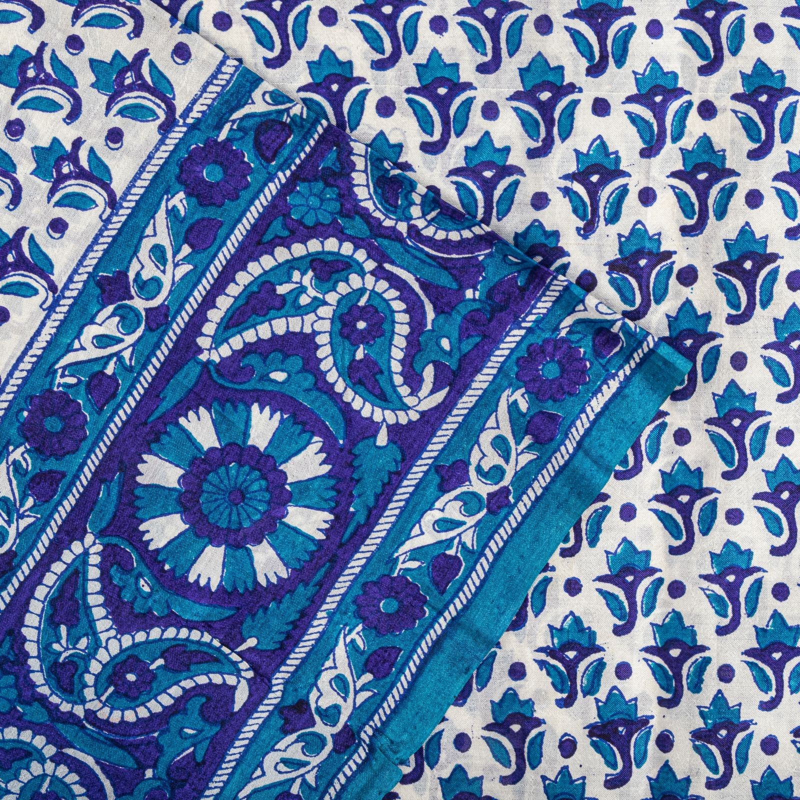Sanskriti Vintage Blue Pure Silk Saree Floral Hand Block Print Sari 5Yard Fabric