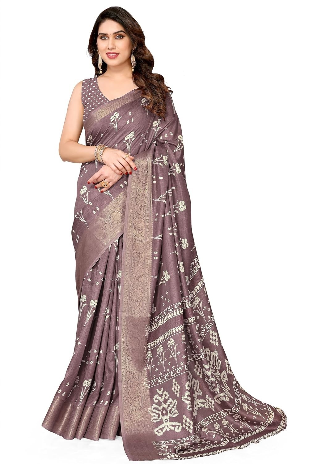 Women’s Silk Blend Block Printed Saree with Blouse Piece